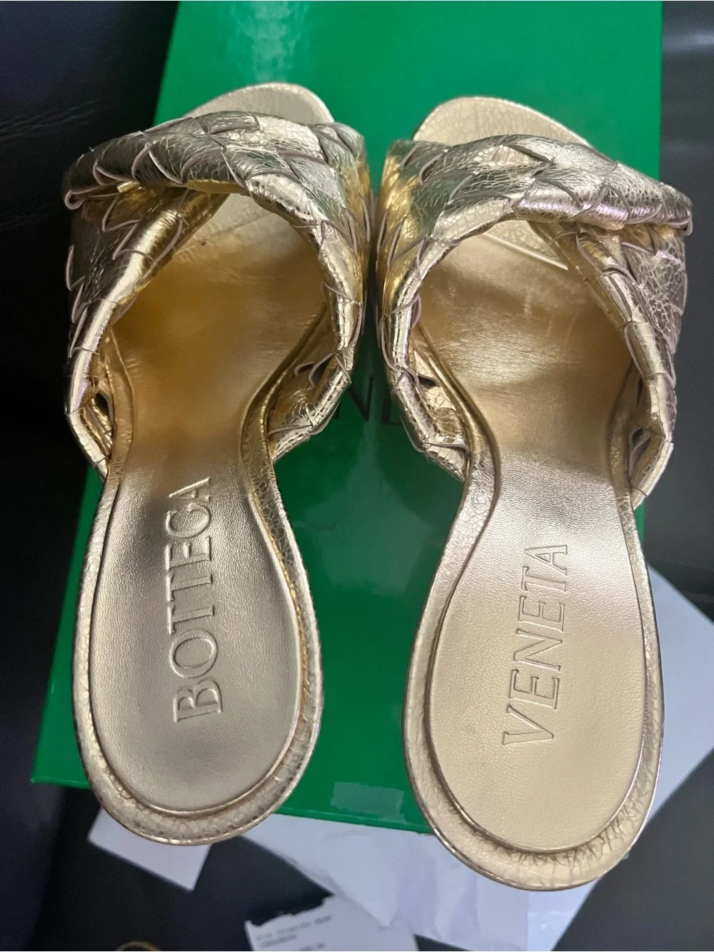 Bottega Veneta Metallic Gold Intrecciato Slide Mules